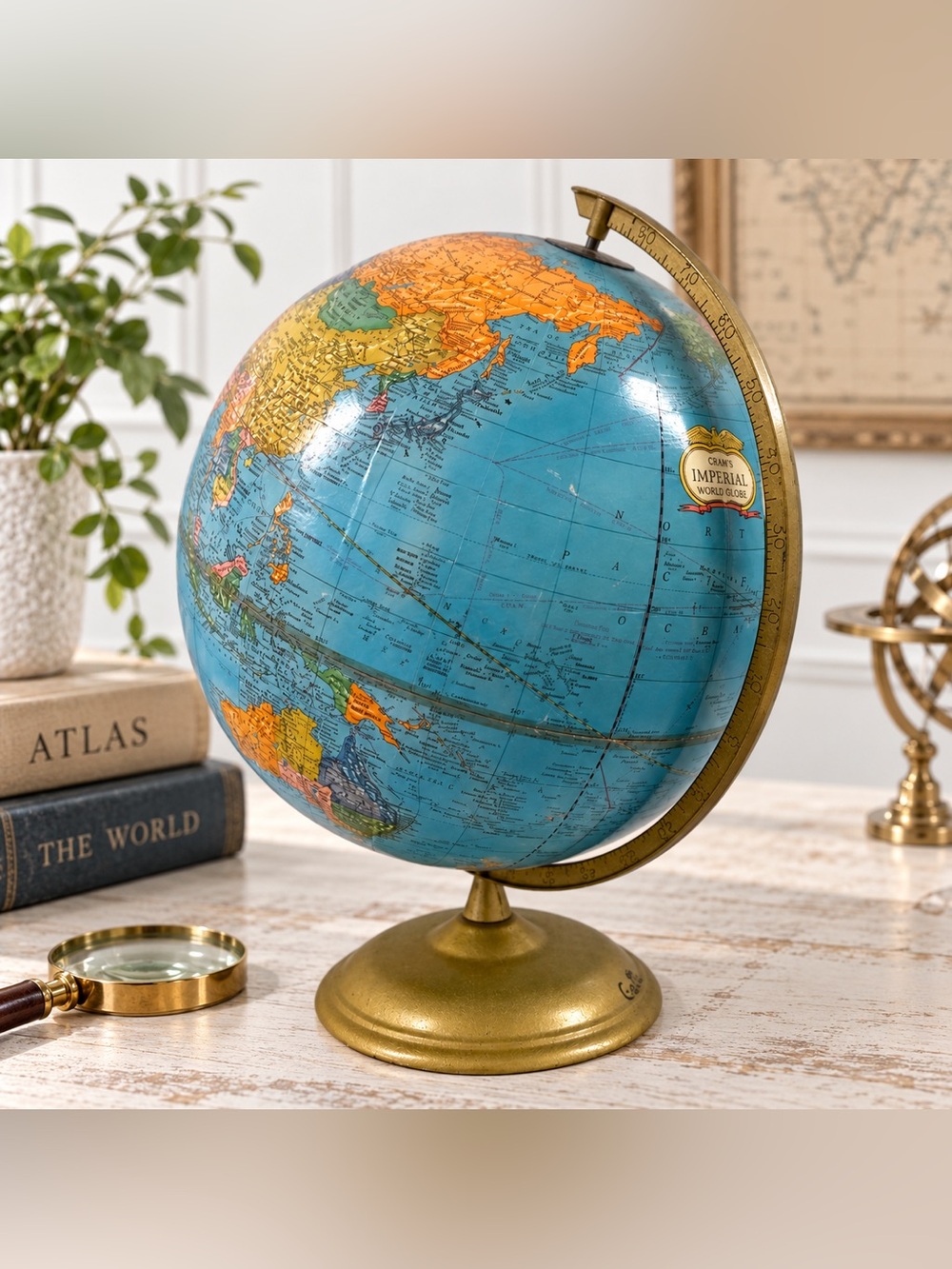 Vintage Cram’s Imperial 12” World Globe Blue Ocean Gold Metal Stand USA